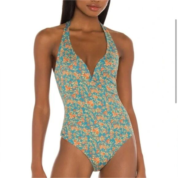 Free People Lola Pastel Blue Ditzy Floral Print Halter V Neck Bodysuit Size XS - Picture 2 of 10